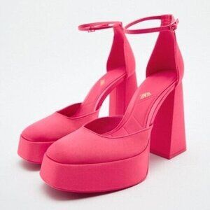 ZARA Satin Platform Pumps Size 6 US 36 EU Hot Pink Chunky Block Heel Ankle Strap